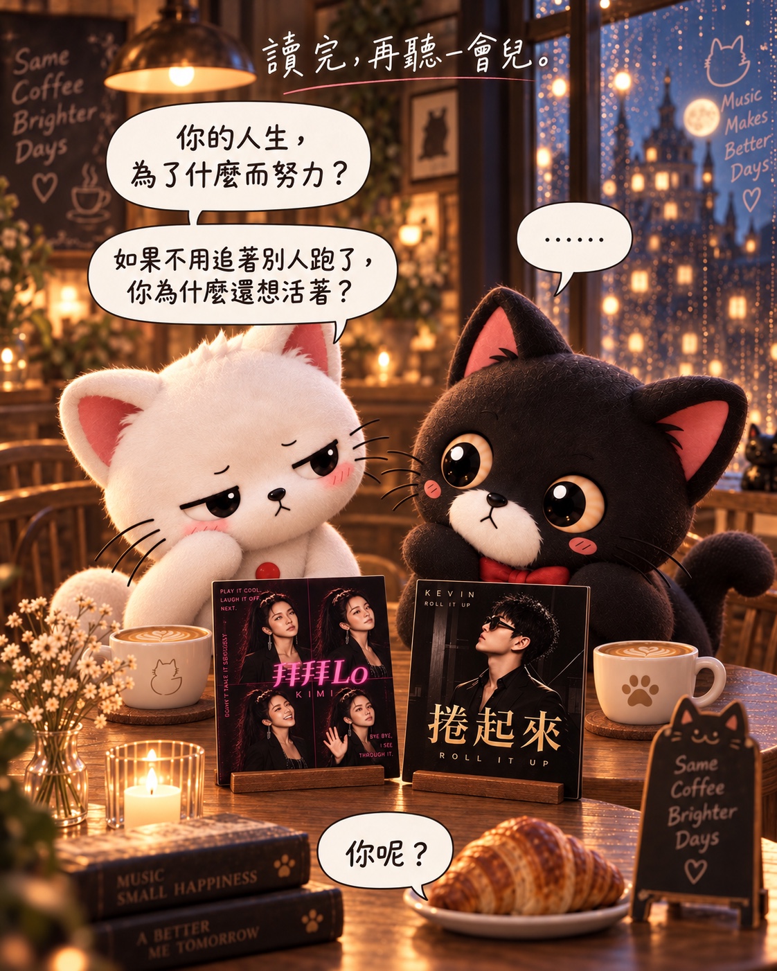 讀完,再聽一會兒。小白:你的人生,為了什麼而努力?如果不用追著別人跑了,你為什麼還想活著?Jasper:……。〈掰掰 Lo〉— Kimi、〈捲起來〉— Kevin。你呢?
