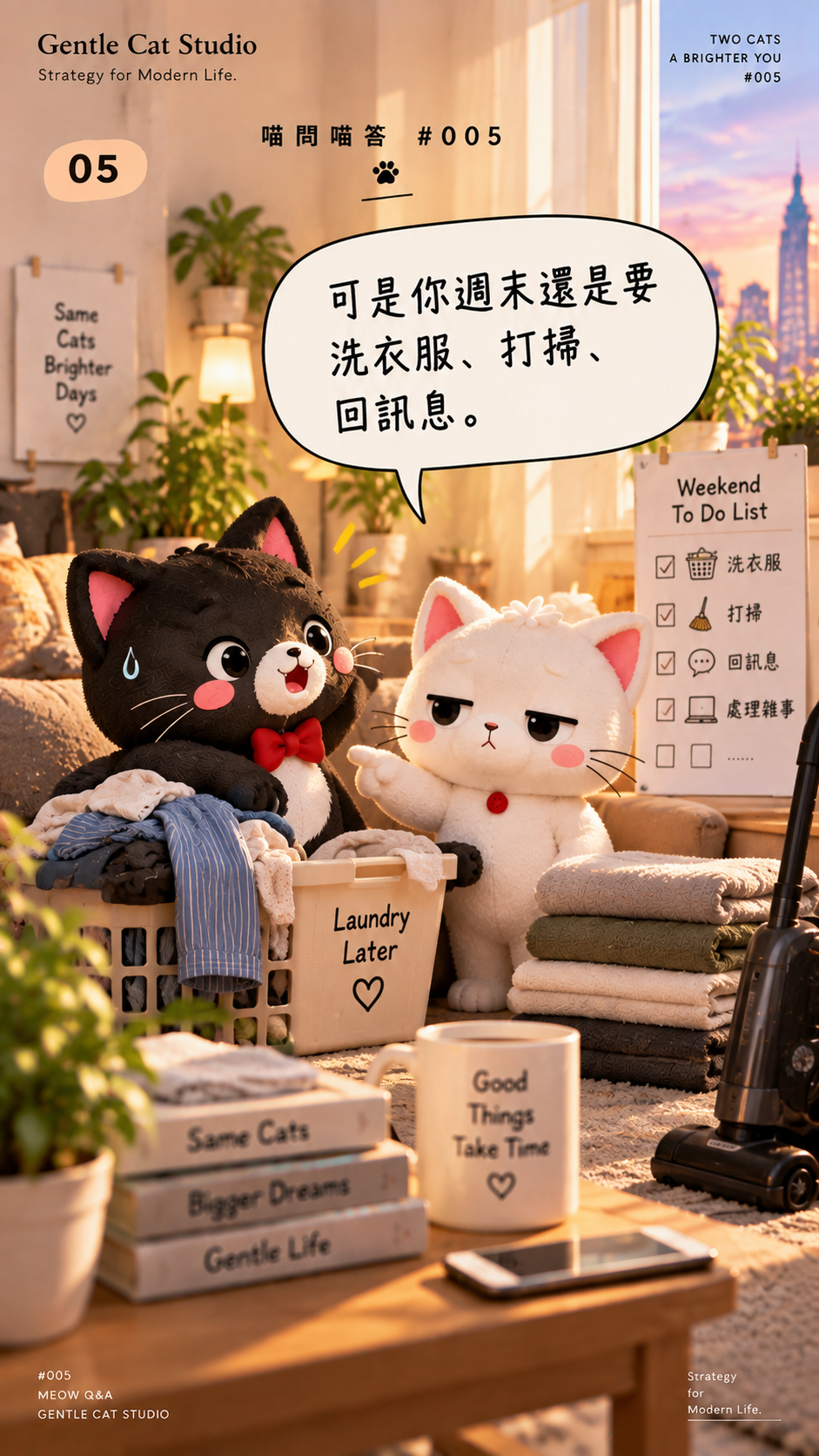 小白:可是你週末還是要洗衣服、打掃、回訊息。